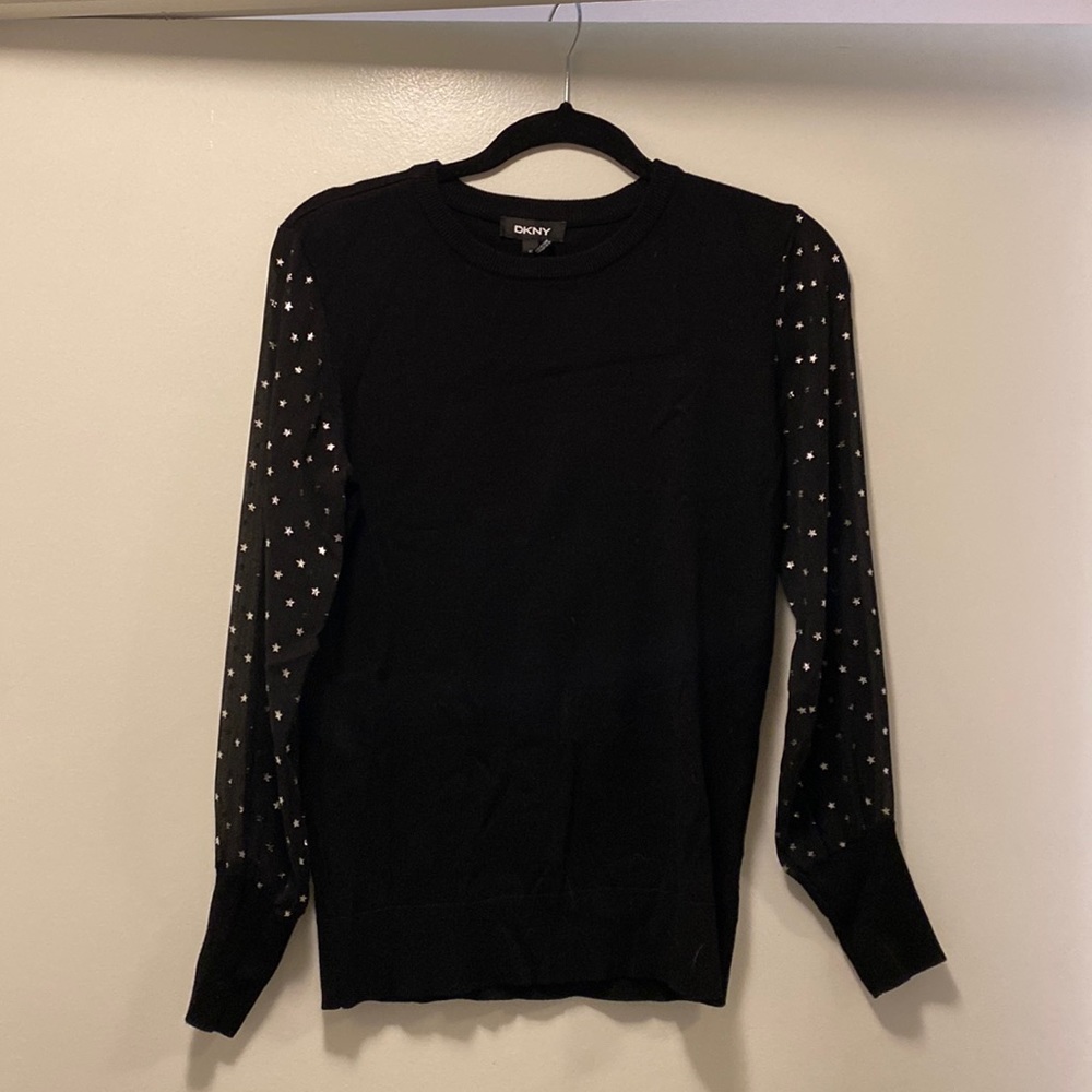 DKNY Black top with Sheer sleeves